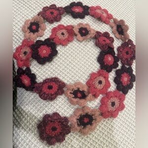 Handmade Floral Crochet Scarf in Pink Tones with Gold woven into it
